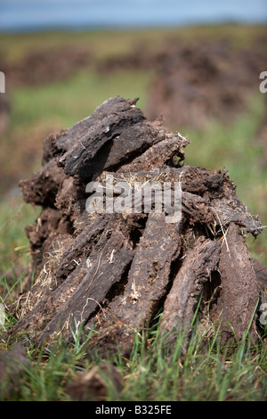 Torf turf Kraftstoff bereits Schnitt aufgestapelt in einer einzigen Stapel Lufttrocknung auf nassen Moor im County Sligo Republik von Irland Stockfoto