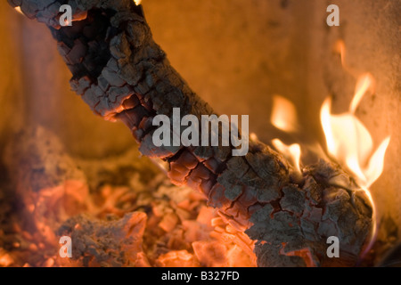 Holzfeuer im Kamin - Nahaufnahme eines brennenden Holz-Protokolls Stockfoto