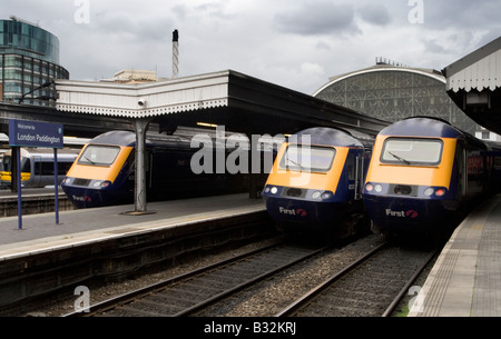 Hochgeschwindigkeitszüge in Paddington (GWR, Great Western Railway, First Great Western) Stockfoto