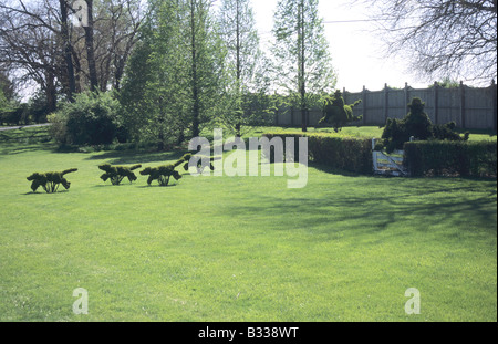 Formschnitt Jägern und vier Hunden des traditionellen Fuchsjagd. Formschnitt Jäger zu Pferd springt Tor in Hecke unter Bäumen rechts Stockfoto