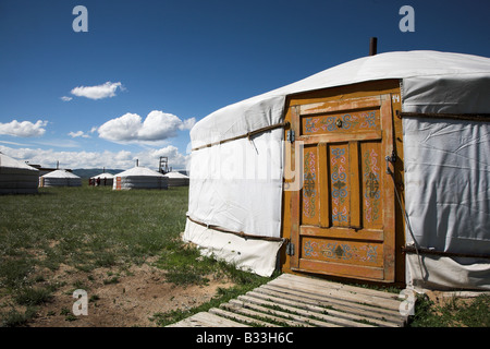 Traditionelle Ger Zelte in Elstei in der Nähe von Ulaan Baatar in der Mongolei. Stockfoto