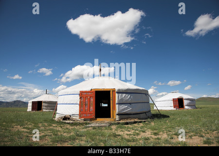 Traditionelle Ger Zelte in Elstei in der Nähe von Ulaan Baatar in der Mongolei. Stockfoto