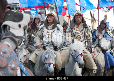 Die feierliche Eröffnung des Naadam-Fest in Sukhbaatar Platz, Ulaan Baatar in der Mongolei. Stockfoto