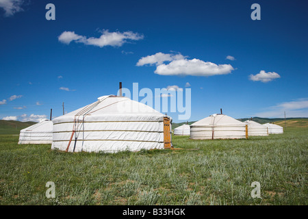 Traditionelle Ger Zelte in Elstei in der Nähe von Ulaan Baatar in der Mongolei. Stockfoto