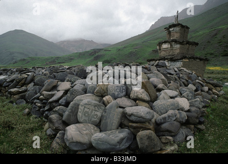 MANI-Steinen geschnitzt mit tibetisch-buddhistischen Symbole vor einem CHORTEN im tun TARAP Tal DOLPO NEPAL Stockfoto