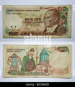 Banknoten aus Türkei Türkiye 5000 Stockfoto