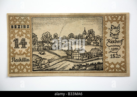 1921 BERLIN NOTGELD deutsche Banknote. (14) NeuKoeln - Dorfes Rixdorf im Jahre 1829. Stockfoto