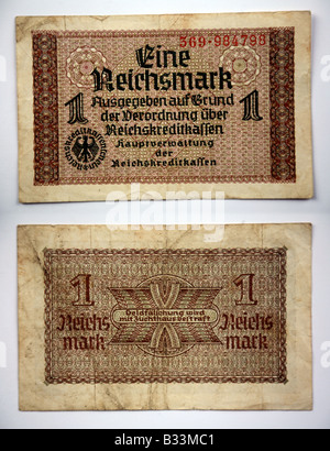 Nahaufnahme einer traditionellen deutschen Reichsmark Banknote für Kanalinseln Berufe während des Krieges Stockfoto