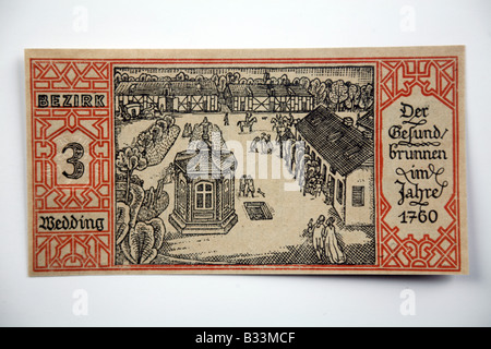 1921 BERLIN NOTGELD deutsche Banknote 3) Hochzeit - Gesundheit Federn 1760. Stockfoto