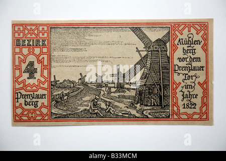 1921 BERLIN NOTGELD deutsche Banknote 4) Prenzlauer Berg - Windmühlen im Jahr 1922. Stockfoto