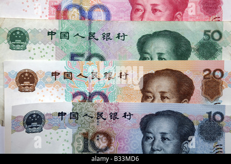 Yen-Banknoten aus China mit dem Portrait von Mao Stockfoto