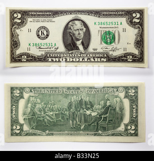 2-Dollar-Banknote Dollar aus Vereinigte Staaten von Amerika mit Amerikas größten Staatsmänner, Thomas Jefferson Stockfoto