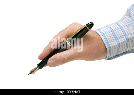 Eine männliche Hand, die einen Montblanc Füllfederhalter bereit, ein Dokument zu unterzeichnen Stockfoto