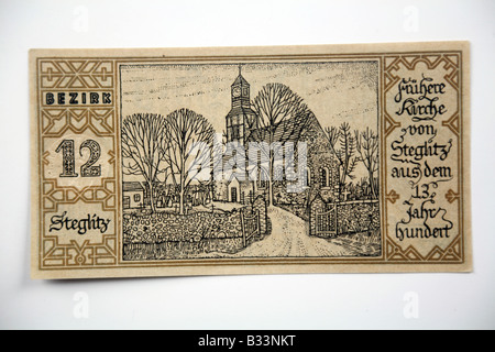 1921 BERLIN NOTGELD deutsche Banknote 12) Steglitz - alte Kirche (12. Jahrhundert). Stockfoto