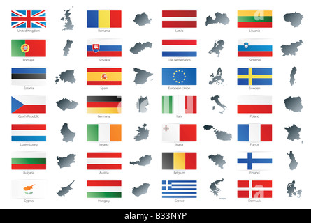 Vektor-Illustration von Schaltfläche "Flaggen und Karten der 27 Mitglieder der Europäischen Union ab 2008 sowie der NATO und der EU Stockfoto