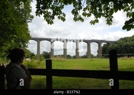 Narrowboat überqueren den Fluss Dee über das Pontcysyllte-Aquädukt gebaut von Thomas Telford bei Froncysyllte in der Nähe von Wrexham Stockfoto