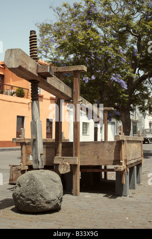 Lagar einer herkömmlichen Maschine zur Zerkleinerung von Trauben zu Most dient zum Wein unter einem Jacaranda-Baum La Palma Kanarische Inseln Stockfoto