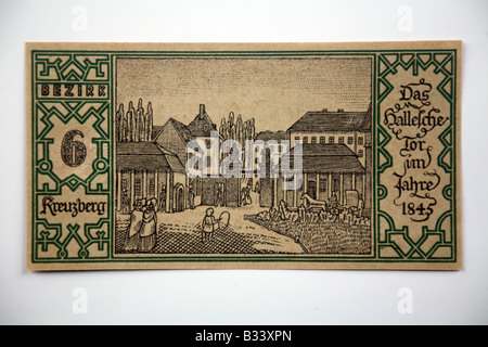 1921 BERLIN NOTGELD deutsche Banknote 6) Kreuzberg - Stadttor im Jahre 1845. Stockfoto