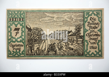 1921 BERLIN NOTGELD deutsche Banknote 7) Charlottenburg - Berliner Straße im Jahre 1820. Stockfoto