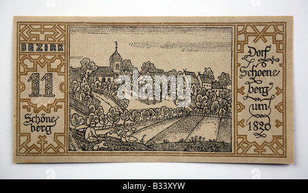 1921 BERLIN NOTGELD deutsche Banknote 11) Schoeneber - Dorf gleichen Namens im Jahre 1820. Stockfoto