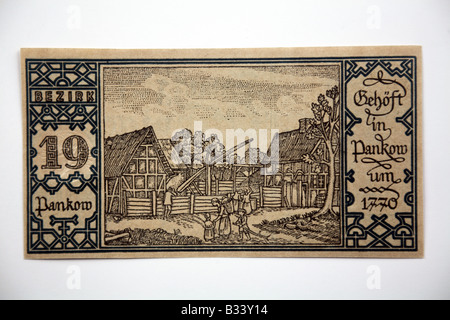 1921 BERLIN NOTGELD deutsche Banknote. (19) Planhow - Bauernhof im Jahre 1770. Stockfoto