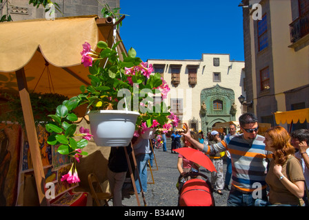 Sonntag Straßenmarkt in sonnigen Vegueta Altstadt mit Casa de Colón im Hintergrund Las Palmas Kanaren Spanien Stockfoto