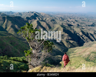 Kenya, Samburu District, Losiolo. Ein Samburu Krieger blickt auf eine weite des unwirtlichen Land aus den östlichen Steilhang des afrikanischen Great Rift Valley am Losiolo, nördlich von Maralal. Von 8.000 Fuß stürzt das Land Weg 3.000 Fuß in zerklüfteten Tälern und einer weiten Ebene, die Domäne der nomadisierenden Viehzüchtern, stieg wieder 75 Meilen entfernt. Die Aussicht auf Losiolo sind die spektakulärsten in Kenia von den größten, längsten und auffälligste Merkmal seiner Art auf der Erde. Stockfoto