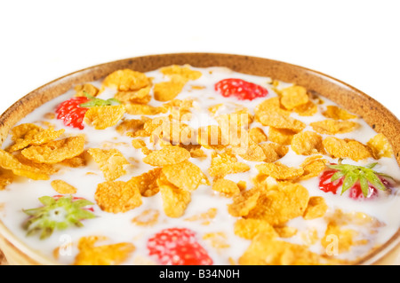 Gesundes Frühstück Detail der Schale voll Milch und Cornflakes mit frischen Erdbeeren auf weißem Hintergrund isoliert Stockfoto