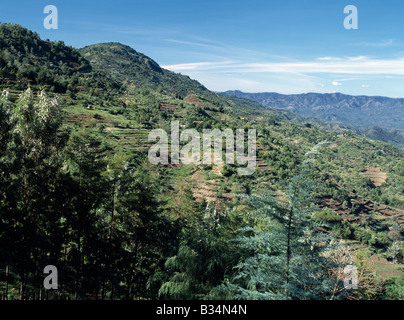 Kenia, Provinz Rift Valley, Kabarnet. Eine schöne Aussicht von den kultivierten hängen von den Tugen Hills über das Kerio Valley Keiyo Böschung steigt in die Ferne schauen. Diese Böschung bildet die westliche Wand des Gregory Rift - eines der spektakulärsten erstreckt sich von Afrikas bemerkenswert großen afrikanischen Grabenbruch. Stockfoto