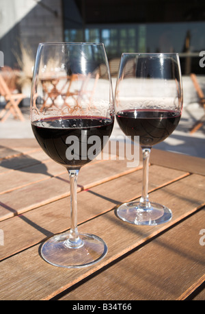 Brille von Malbec Wein in einem Weingut im Maipo-Tal, Mendoza in Argentinien. Stockfoto