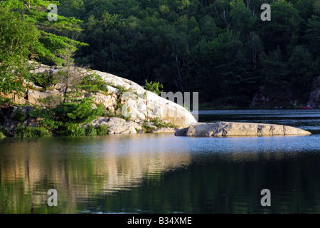 Morgenlicht auf weißer Quarzit Felsen grüner Wald und ruhigen See in Killarney Provincial Park in Ontario Kanada Stockfoto