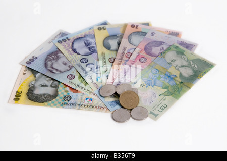 Rumänische Geld, Lei, Banknoten 1 Leu mit Nicolae Iorga und kleinen ändern auf weißer Hintergrund Stockfoto