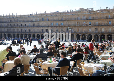 Menschen an Café-Tischen genießen Frühlingssonne im Plaza Mayor oder Hauptplatz von Salamanca Spanien Stockfoto