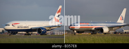 Zwei Flugzeuge Boeing 777 der British Airways und American Airlines - London Heathrow, Vereinigtes Königreich Stockfoto