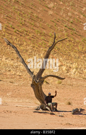 Mann sitzt unter Skelettreste von Camel Thorn Akazie auf dem Kalkstein und Sanddünen des Dead Vlei in Namibia Afrika Stockfoto