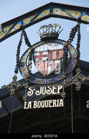 Spanien-Barcelona-Schild am Eingang zum St. Josep La Boqueria produzieren Markt Stockfoto