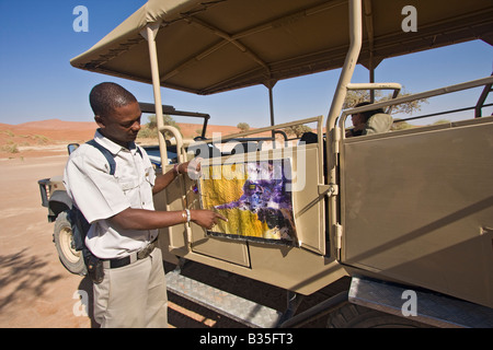 Guide zeigt den Besuchern ihre Route durch Sossusvlei Düne Gegend im Süden von zentral Namibia in Afrika Stockfoto