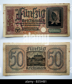 Nahaufnahme einer traditionellen deutschen Reichsmark Banknote für Kanalinseln Berufe während des Krieges Stockfoto