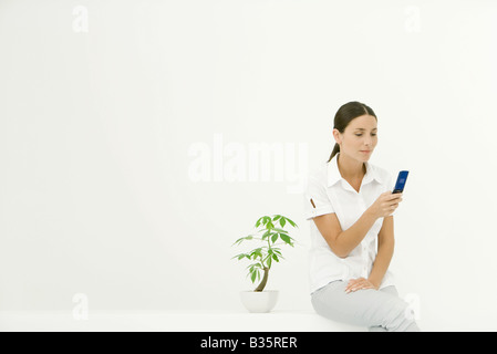 Frau sitzt neben Topfpflanze, mit Handy Stockfoto