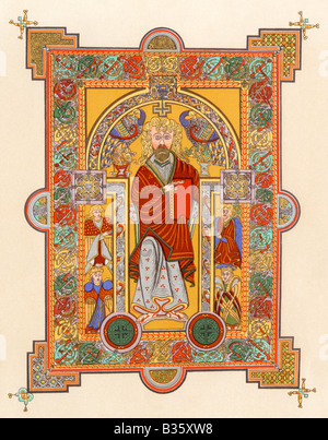 Der hl. Matthäus, eine beleuchtete Manuskriptseite aus dem Buch von Kells, 8. oder 9. nachchristlichen Jahrhundert. Farblithographie Stockfoto