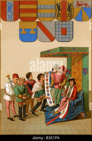 Duc de Bourbon Überprüfung die Wappen der Ritter in einem Turnier. Farblithographie Stockfoto