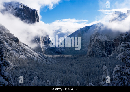 Ein Ovenight Schneesturm beginnt bei Tagesanbruch über Yosemite Valley in Kalifornien Yosemite National Park zu löschen Stockfoto