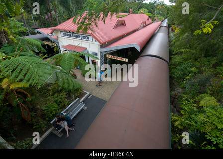 Die tropischen Pflanzen geschmückt Kuranda Railway Station auf die Atherton Tablelands im Norden von Queensland Stockfoto