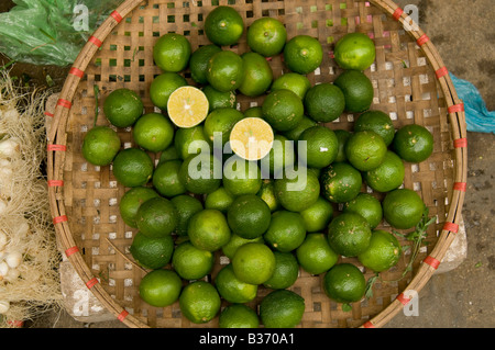 Detail von einem Weidenkorb voller Grünen Limetten in einem Marktstand Hanoi Vietnam hautnah Stockfoto