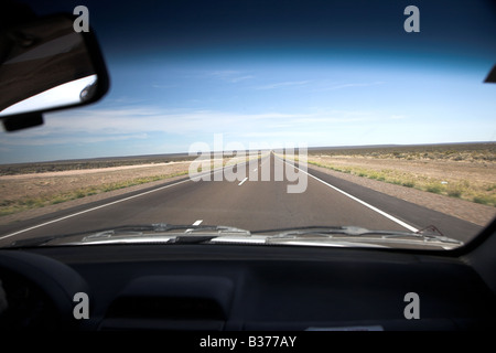 Die langen, geraden Straße Ruta Nacional 3 in der Nähe von Peurto Madryn in Patagonien, Argentinien. Stockfoto