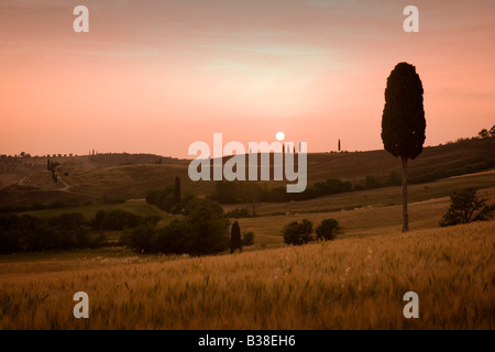 Sonnenuntergang über der Landschaft in der Nähe von Pienza in der Toskana in Italien Stockfoto