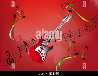 Noten und rote Gitarre Stockfoto