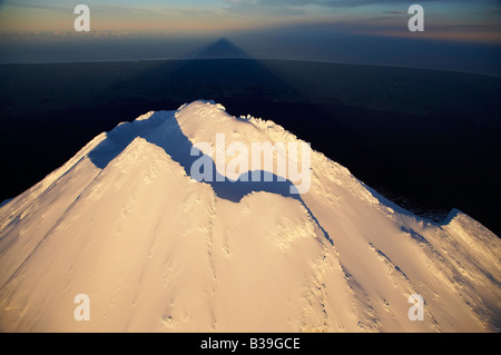 First Light am Gipfel des Mt Taranaki Mt Egmont und Schatten Taranaki Nordinsel Neuseeland Antenne Stockfoto