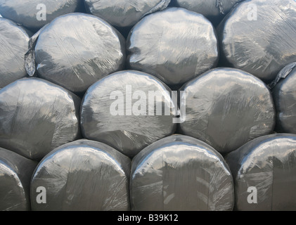 Stapeln von Rundballen Heu in schwarzem Kunststoff-Abdeckungen Stockfoto