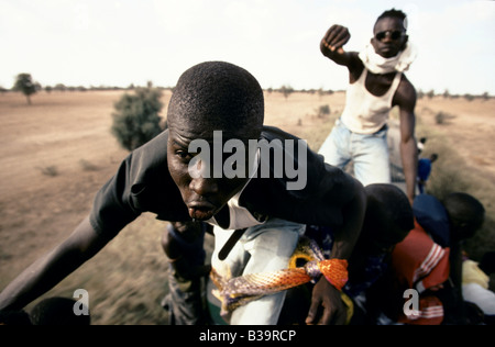 TOUBA, AFRIKAS WENIG MEKKA ", JUGENDLICHE REITEN AUF DEM DACH DES ZUGES AUF DEM WEG NACH TOUBA KÖNNEN IN DER REGEL NICHT ZU ZAHLEN UND DAS FAHRGELD, 1996 Stockfoto